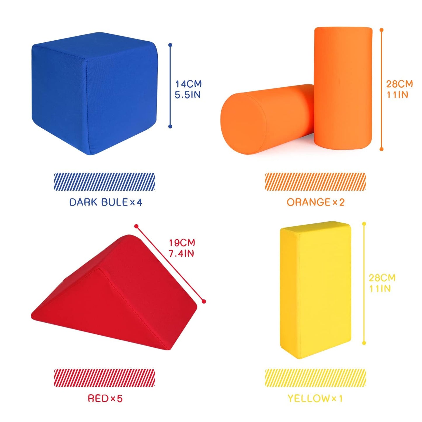 UHAPPYEE Toddler Foam Building Blocks, 12 PCS + 4 Kinds of Shapes Colourful Stacking Block Sets for Kids, Soft Foam Building Blocks Throwing Toys