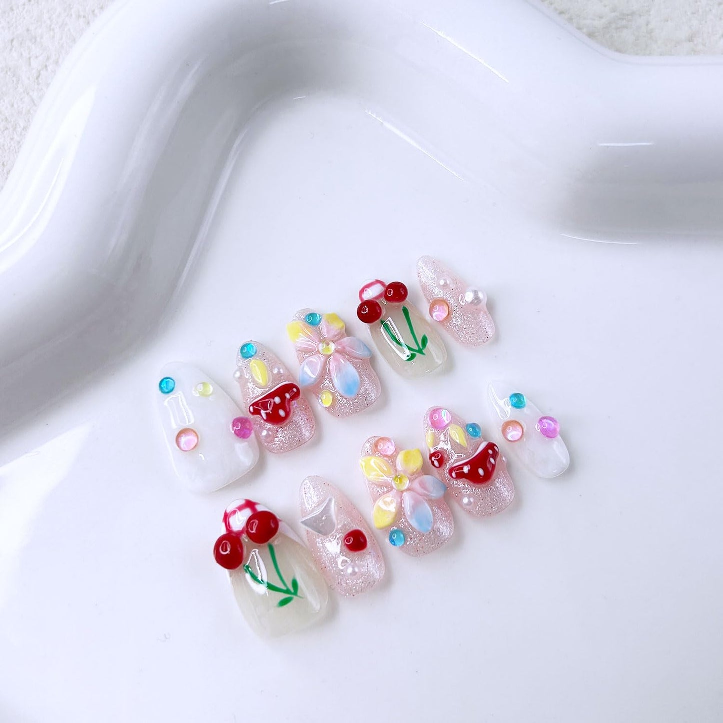 Short Almond Press on Nails Luxury Handmade Nails with Glue,3D Cherry Mushroom Rhinestone Designs False Nails Handmade Nail Press ons Muti-Layer Gel French False Nails for Women (Size S)
