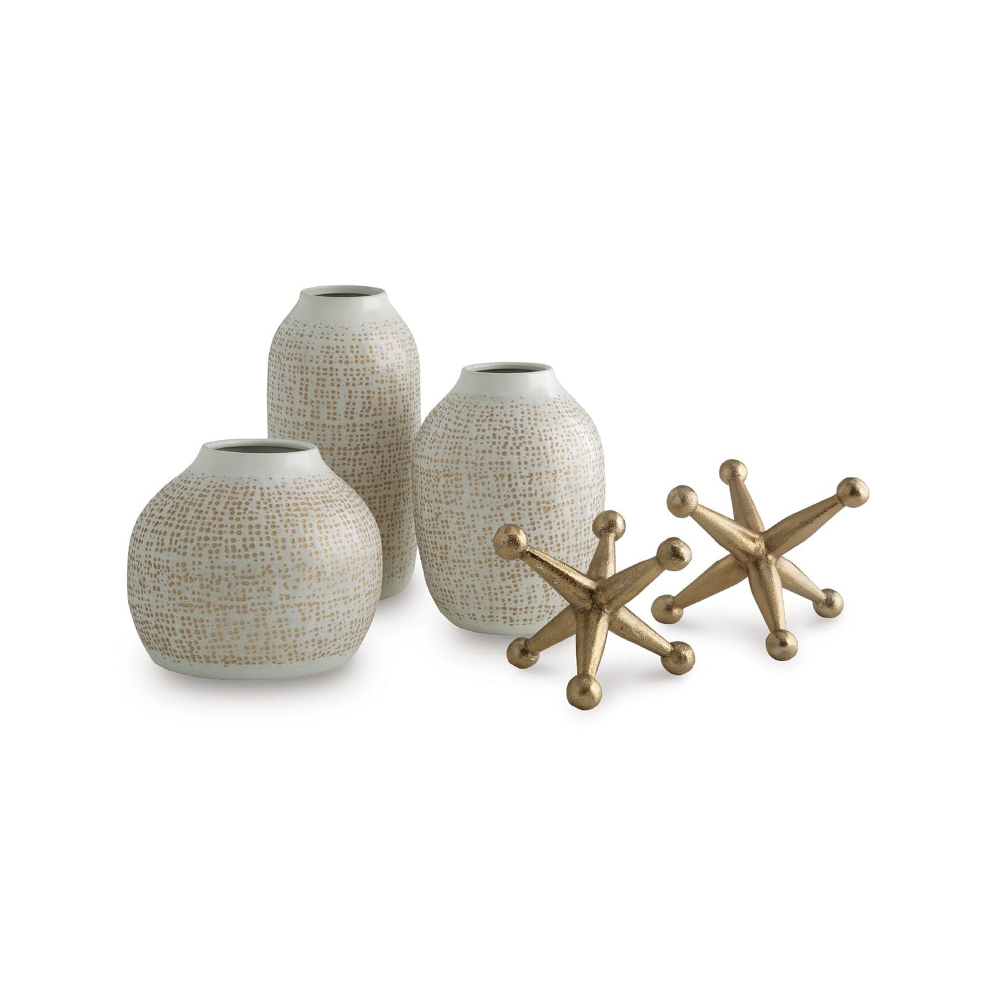 Signature Design by Ashley Vinburn Contemporary Indoor Metal Dots Vase and Sculpture Accessory Set, Set of 5, White & Metallic