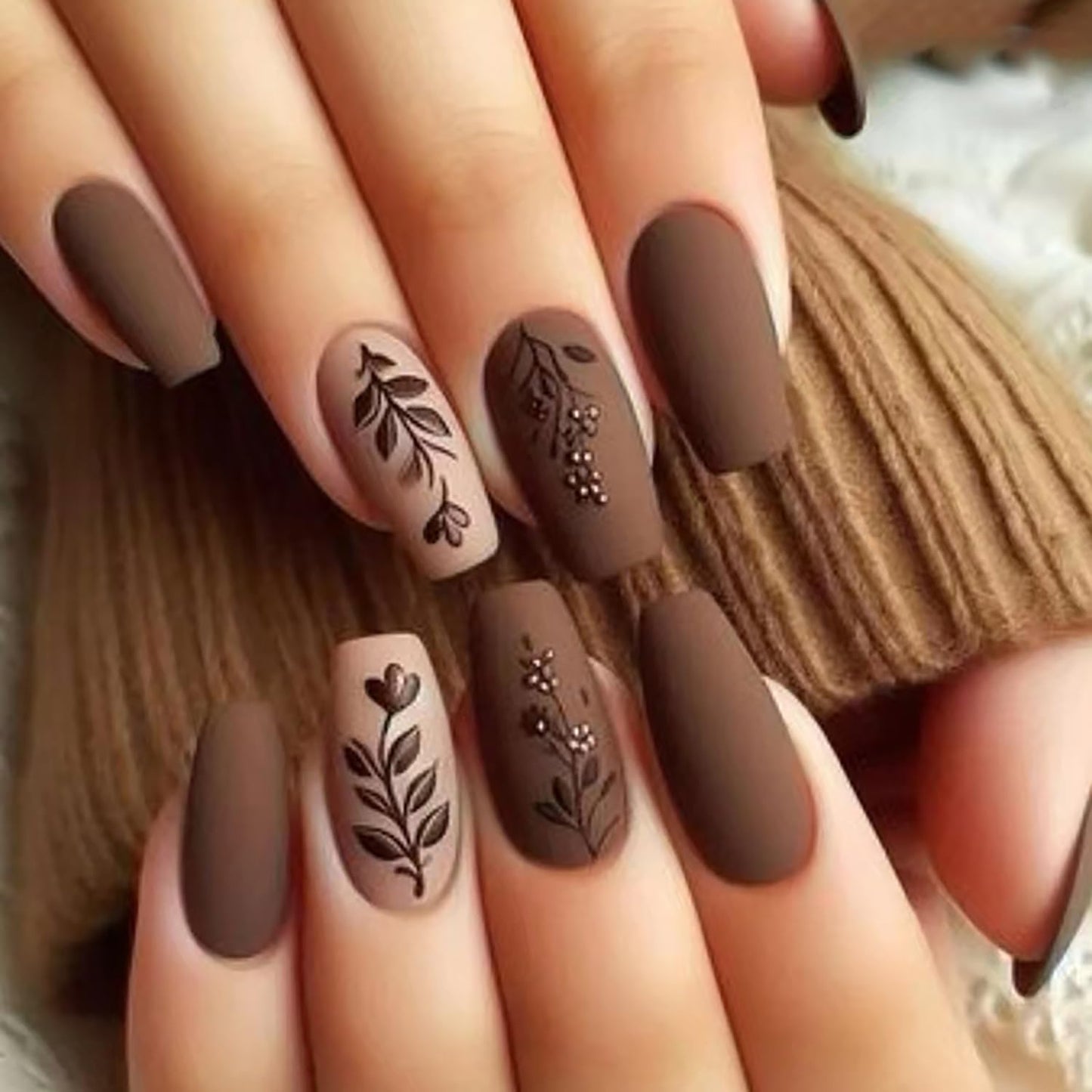 Brown Press on Nails Medium Matte Fake Nails Brown Flower Pattern Design Artificial Nails Solid Color Press Nails Full Cover Ballet Shaped Nails Acrylic Stick on Nails 24Pcs Glue on Nails for Women