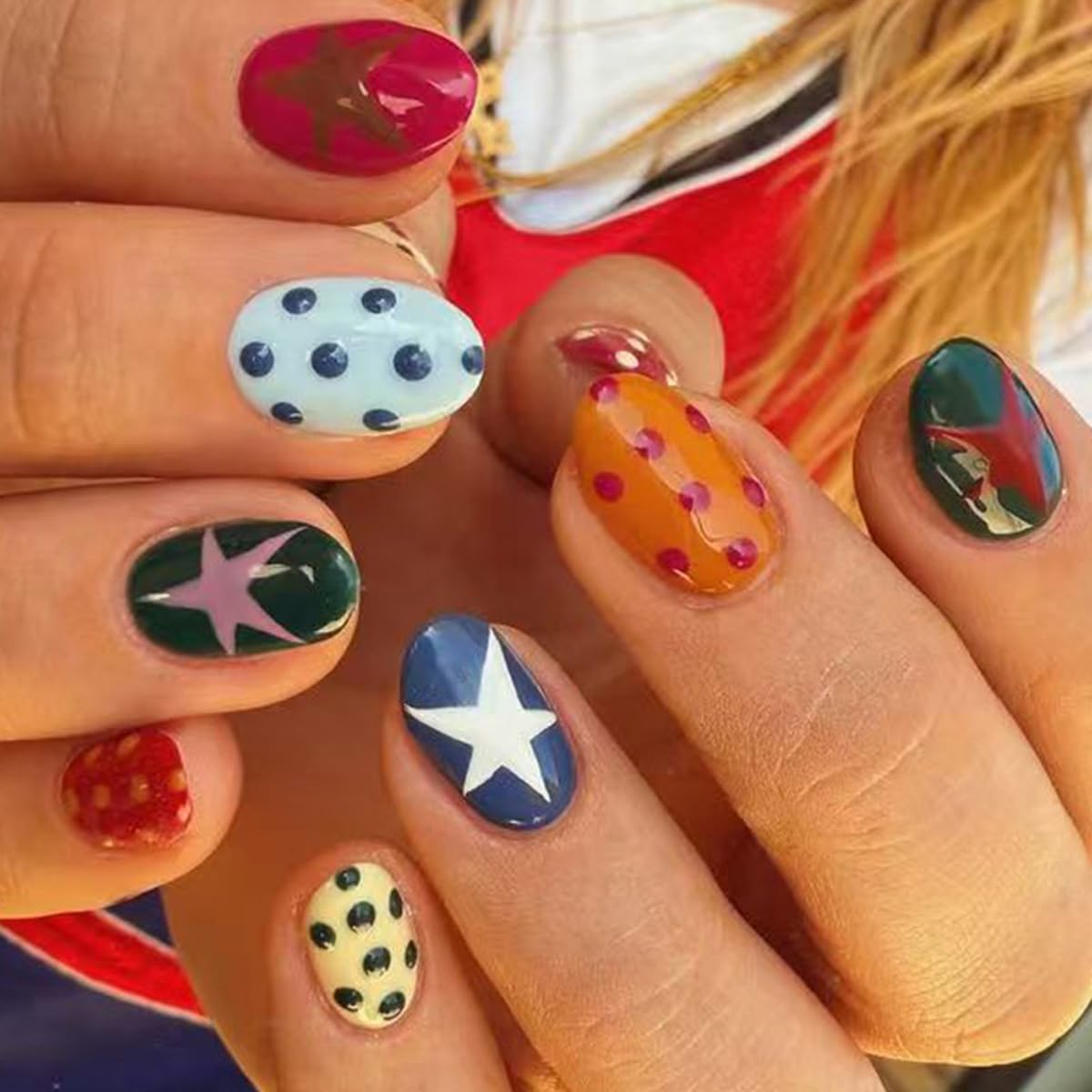 HPYFOI Press on Nails Short Oval Fake Nails Summer Nails Press ons with Colorful Polka Dots, Star Design,Y2k Reusable Artificial Nail Full Cover Glue on Nails for Women Manicure 24Pcs