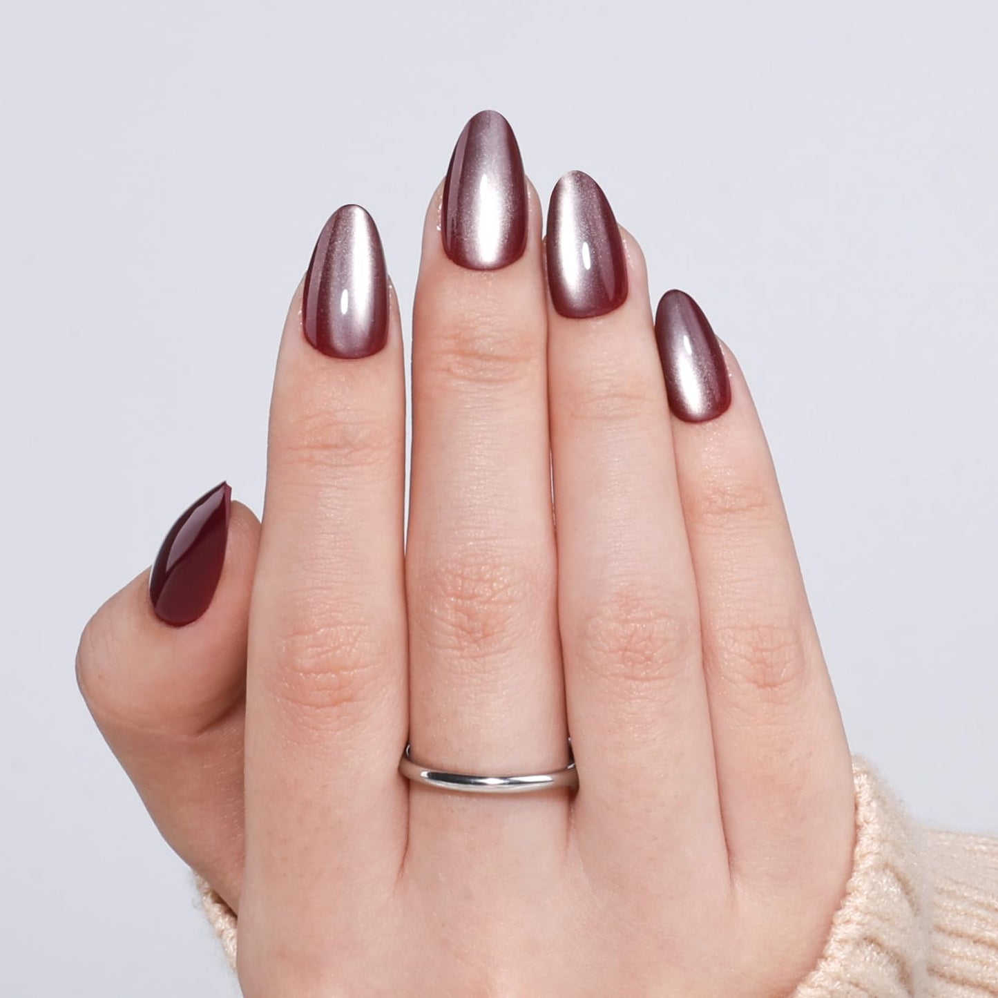Leefrei Cat Eye Press On Nails - Glazed Ruby Red Press On Nails Short Almond Nails Press Ons for Women Fake Nails with Glue, Glossy Reusable Glue on Nail in 16 Sizes - 32pcs, Ruby Moon