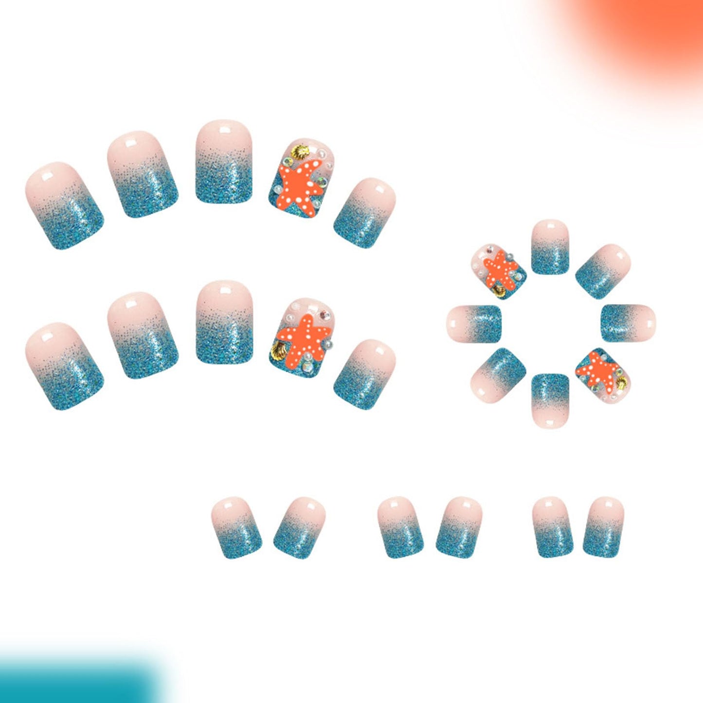 Glitter Press on Nails Short Square Fake Nails with Shell Starfish Pearl Rhinestones Designs Nails Press ons Blue Nude Ombre Glue on Nails Cute Artificial Nails Summer Stick on Nails for Women 24Pcs