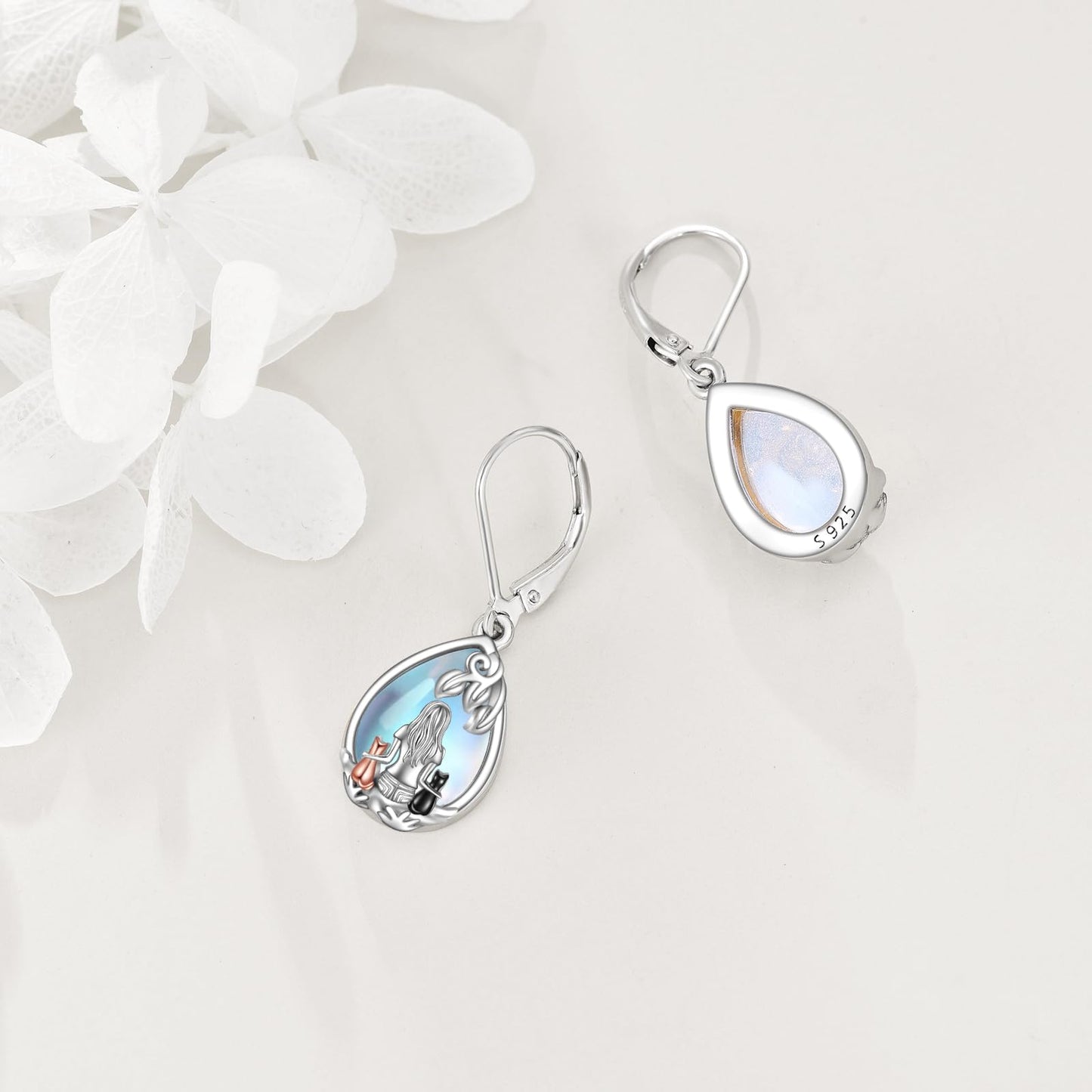 YFN Cat Moonstone Earrings Jewelry 925 Sterling Silver Teardrop Dangle Hypoallergenic Leverback Earring for Women
