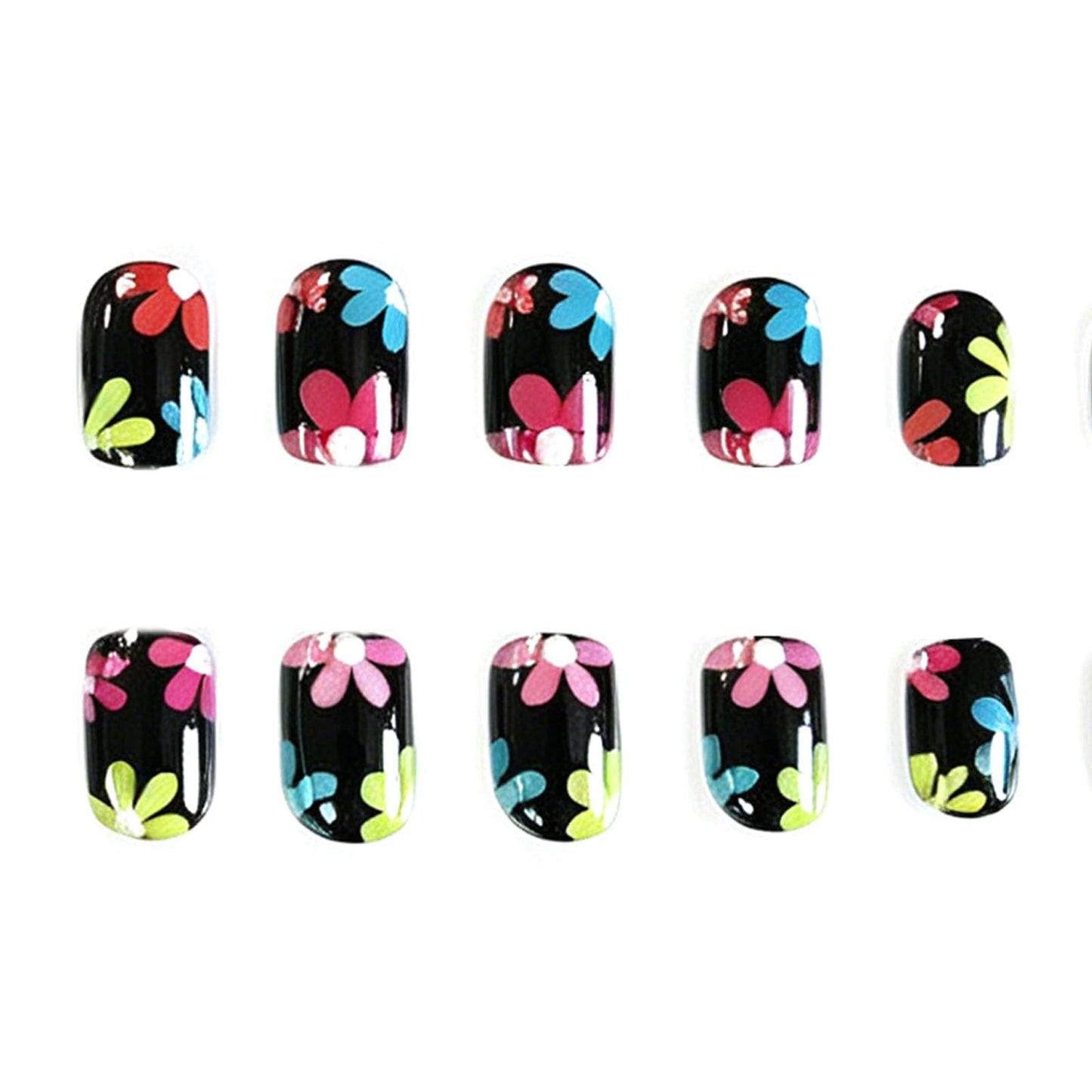 Spring Press on Nails Short Square False Nails Press ons Black Acrylic Glue on Nail with Colorful Flowers Design, Black Full Cover Set Artificial Cute Manicure Stickers for Women 24Pcs