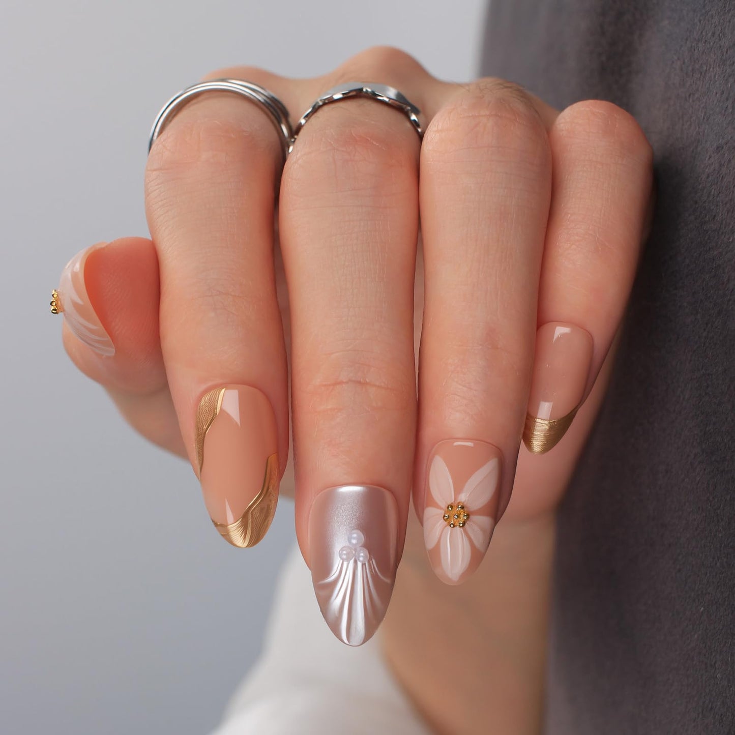 Mivota Short Press On Nails Almond – 3D Floral & Pearl Accent Nude Pink Fake Nails, 30Pcs Reusable Acrylic Stick On Nails with Gold Details, Glossy Soft Gel Look, DIY Manicure Kit for Women