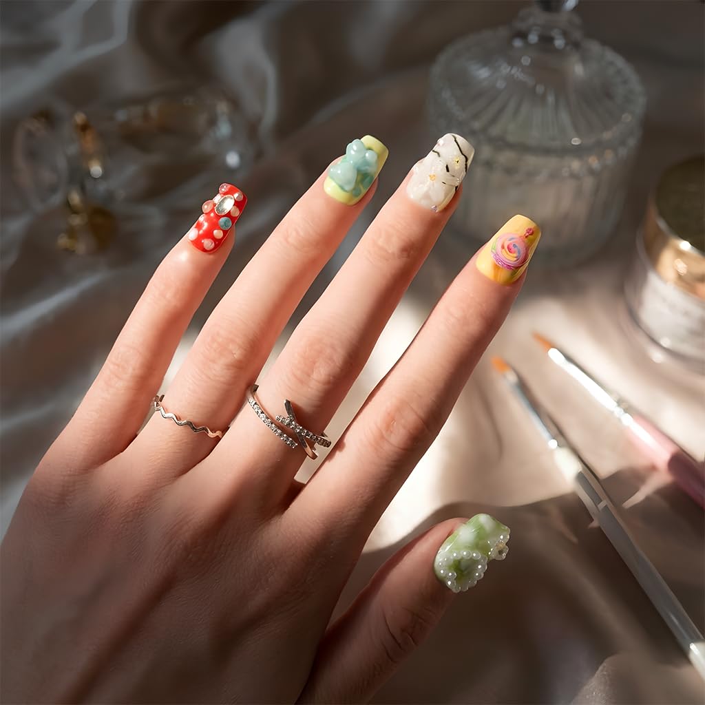 24Pcs Handmade Press on Nails, 3D Green Short Length Square False Nails with White Pearl Love, Cute & Sweet Manicure Kit for Women in Spring & Summer