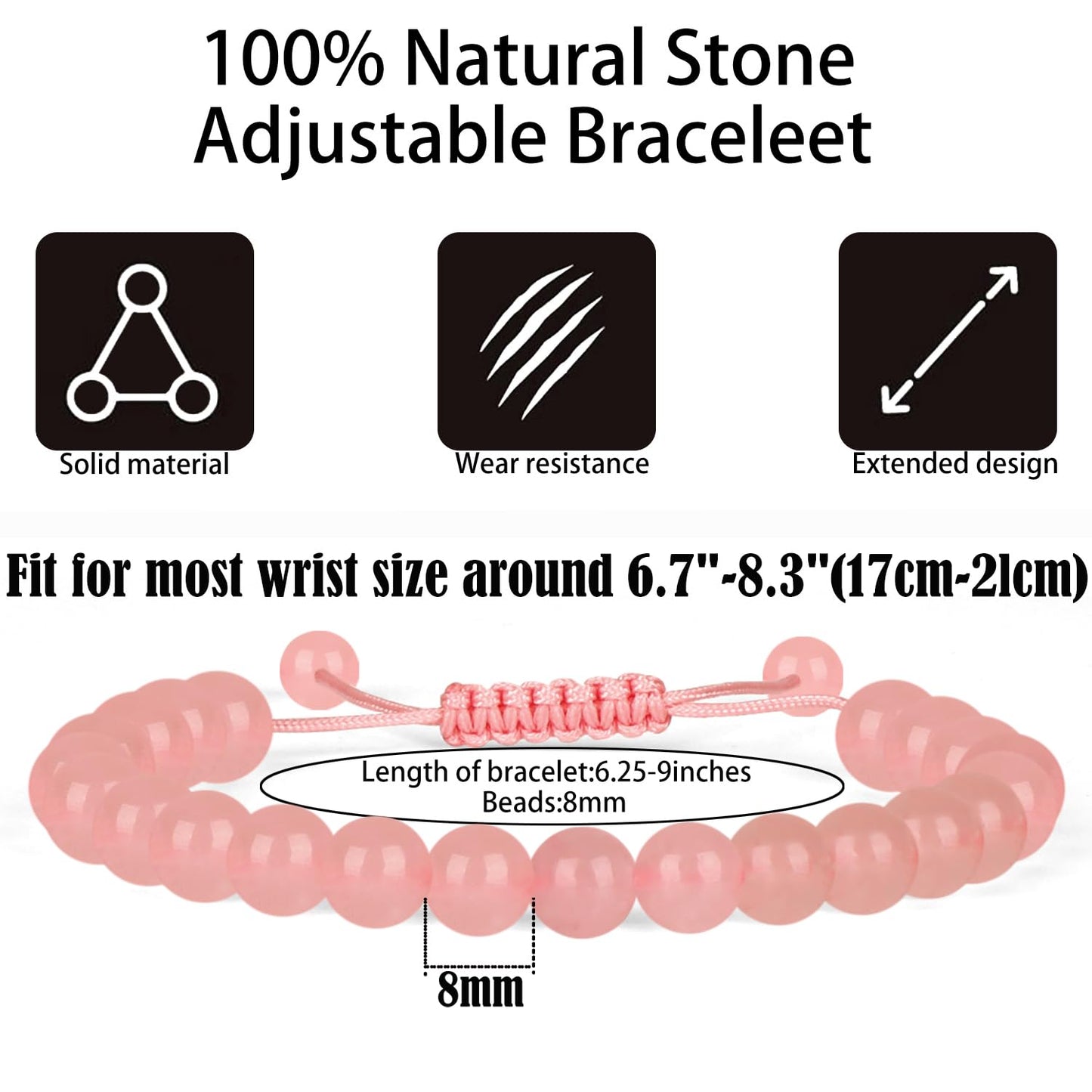 QOGIR Handmade Healing Bracelets,8mm Natural Rose Quartz Gem Stone Beads Bracelet,for Men Women Gifts with 2PCS Size Adjustable Rope Bracelets