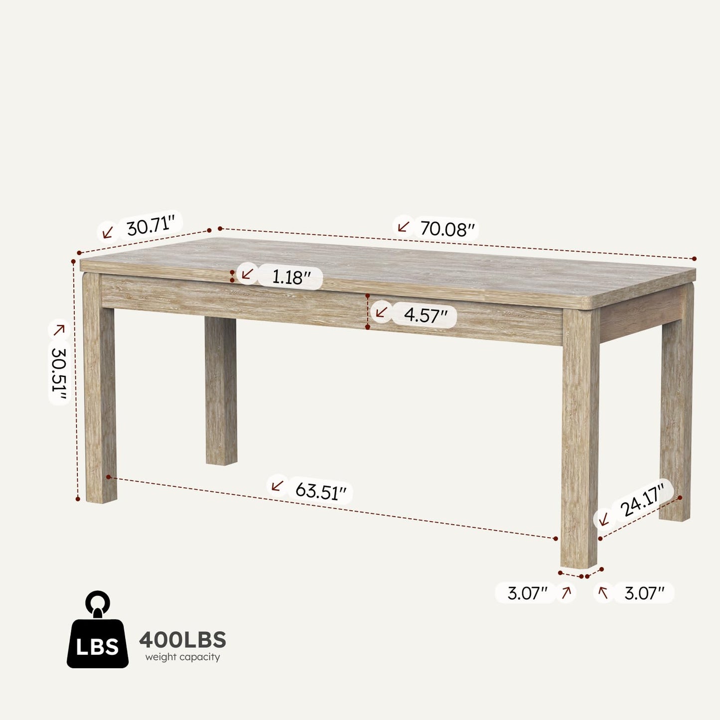 Farmhouse Dining Table, 70" Rectangular Wooden Kitchen Table for 4–6 People, Modern Dining Table & Home Office Desk for Family Gatherings and Study, Easy to Clean, Rustic