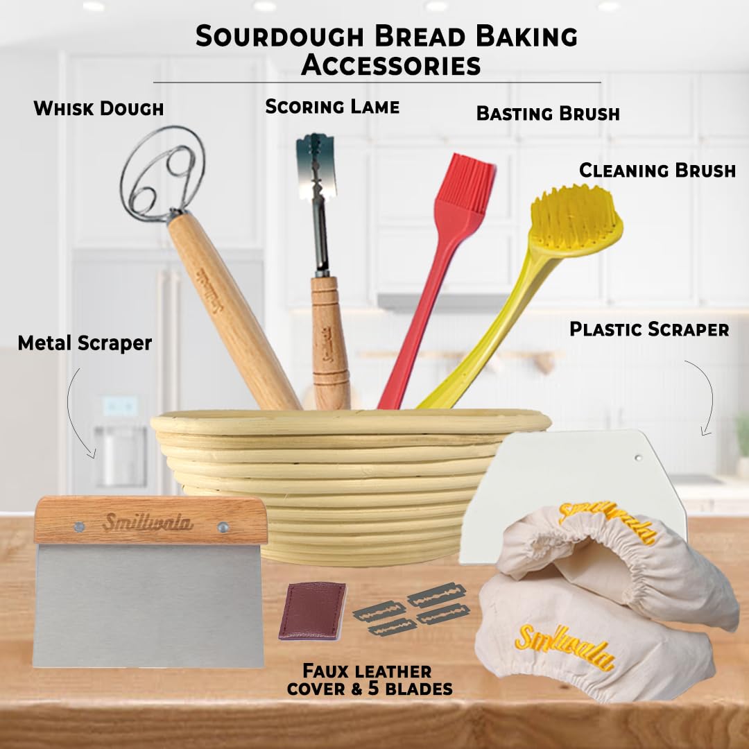 Banneton Bread Proofing Basket 9” Round with Maximum 6 Bread Making Tools and Supplies by SMILLWALA Proofing Baskets for Sourdough Bread Baking Supplies Kit, Gift for Bakers, Natural