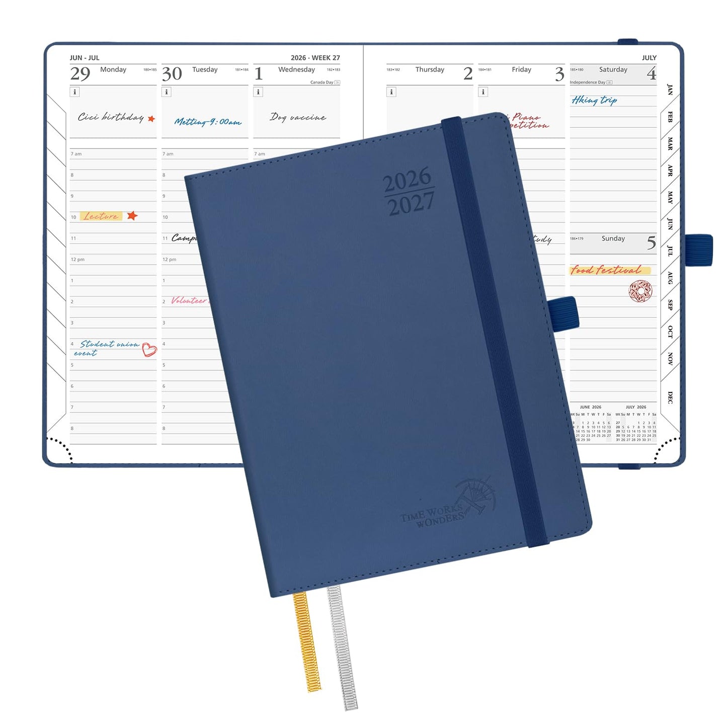 POPRUN Planner 2026-2027, 6.5" x 8.5", Academic Planner 2026-2027 Weekly and Monthly (July 26-June 27) Hourly Appointment Book with Inner Pockets, Leather Soft Cover, 100GSM - Navy Blue