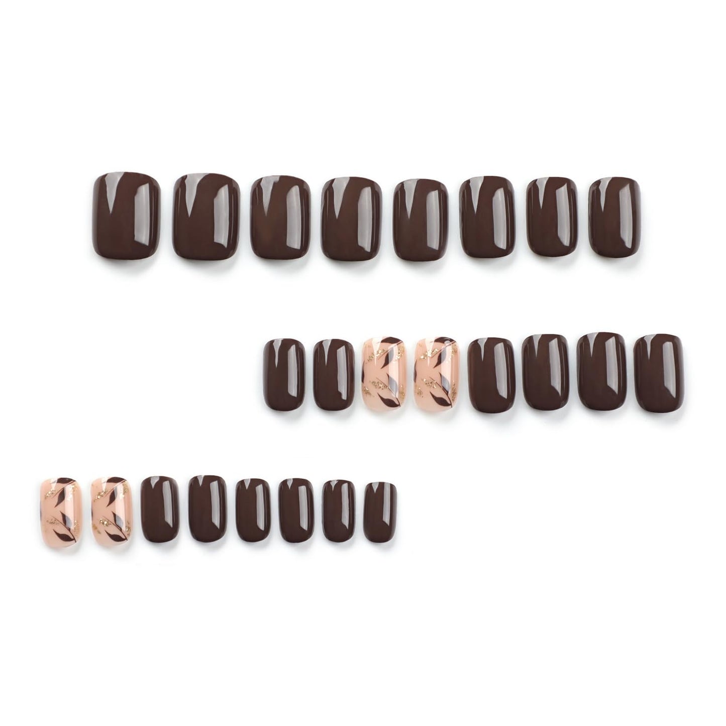 Fall Brown Press on Nail Extra Short Square Fake Nails with Autumn Leaves Golden Glitter Powder Designs Stick Glue on Nail Full Cover Glossy Acrylic False Nails for Women Decorations24pcs