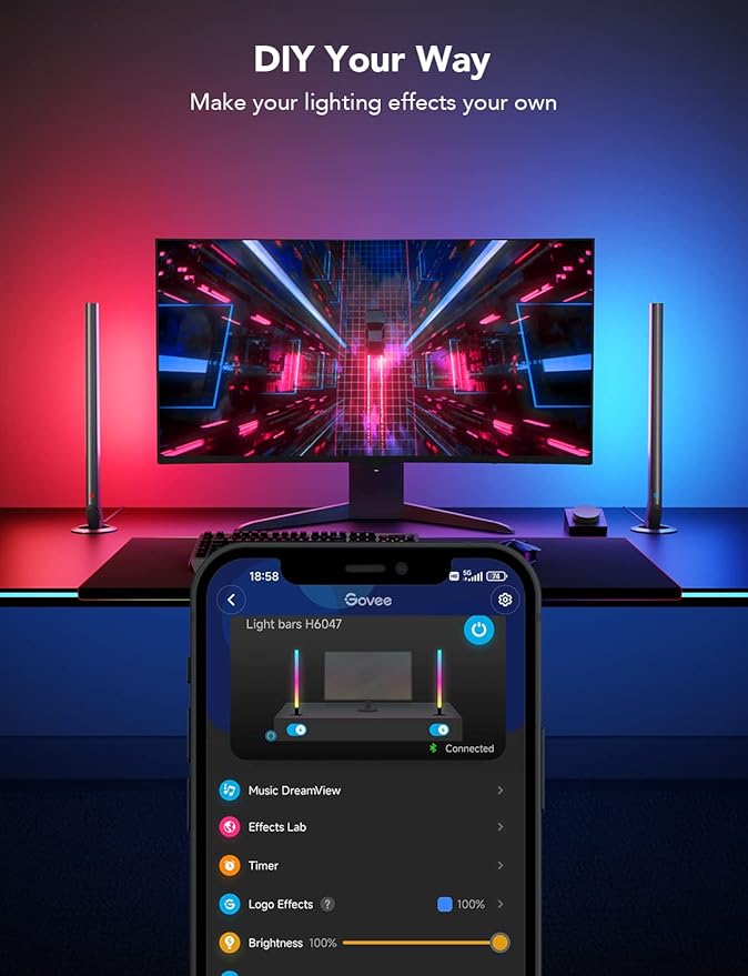 Govee RGBIC Gaming Light Bars H6047 with Smart Controller, Wi-Fi Smart LED Gaming Lights with Music Modes and 60+ Scene Modes Built, Works with Alexa & Google Assistant, Game Room Lights Decor