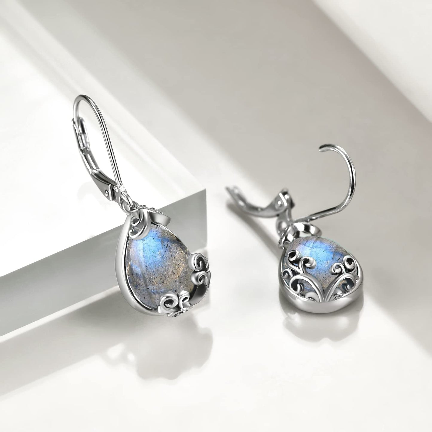 POPLYKE Labradorite Filigree Teardrop Drop Dangle Earrings Sterling Silver Leverback Earrings