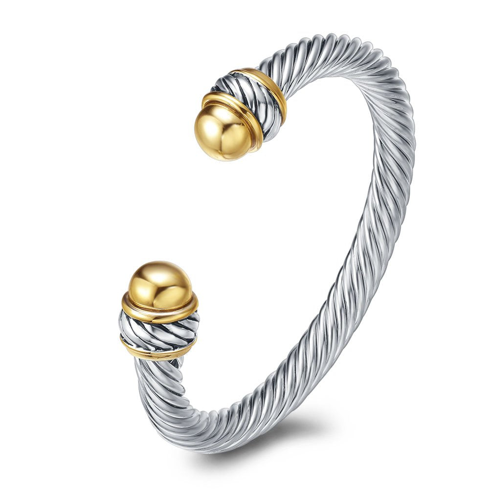 UNY JEWEL Two Tone Twisted Wire Rope Open Cuff Bracelet Metal Gold Tips for Women