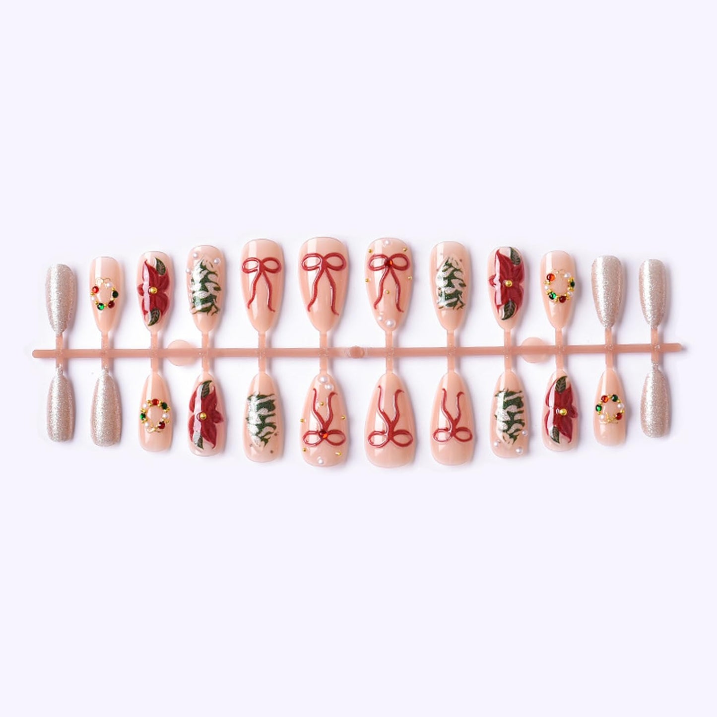 24Pcs Shiny Christmas Press on Nails Medium Almond Fake Nails 3D Rhinestones Pearls Wreath Charms Design Red Flower False Nails Bow Glue on Nail Xmas Tree Acrylic Nails for Women Holiday Nail Decor
