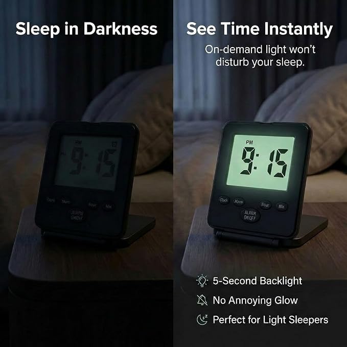 Digital Travel Alarm Clock - No Bells, No Whistles, Simple Basic Operation, Loud Alarm, Snooze, Small and Light, ON/Off Switch, 2 AAA Battery Powered, Black
