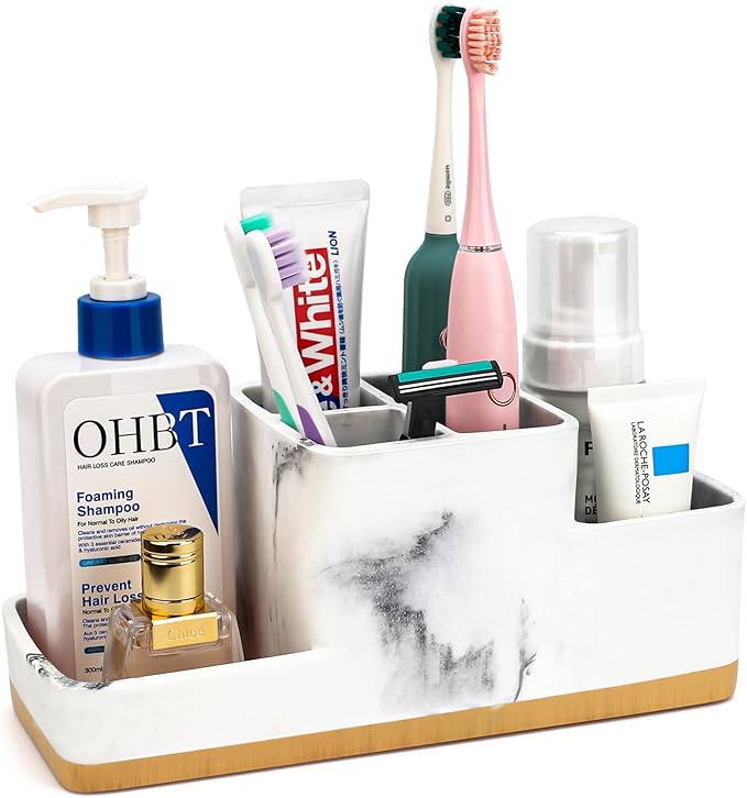 Toothbrush Holder for Bathrooms, Bathroom Organizer Countertop, Rectangle 5 Compartment Bathroom Accessories Storage for Toothpaste/Shaver and Other Items,White Resin of Marble Color (White)