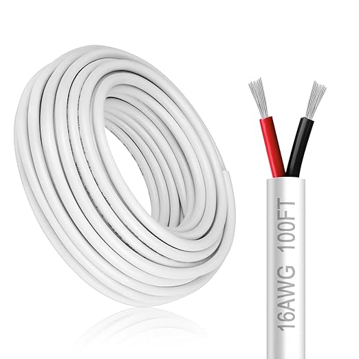 16 Gauge 2 Conductor Electrical Wire, 100FT White Stranded Low Voltage 16/2 PVC Case, 16 AWG Tinned Copper 2 Wire Extension Power for Strips LED Lamp Lighting