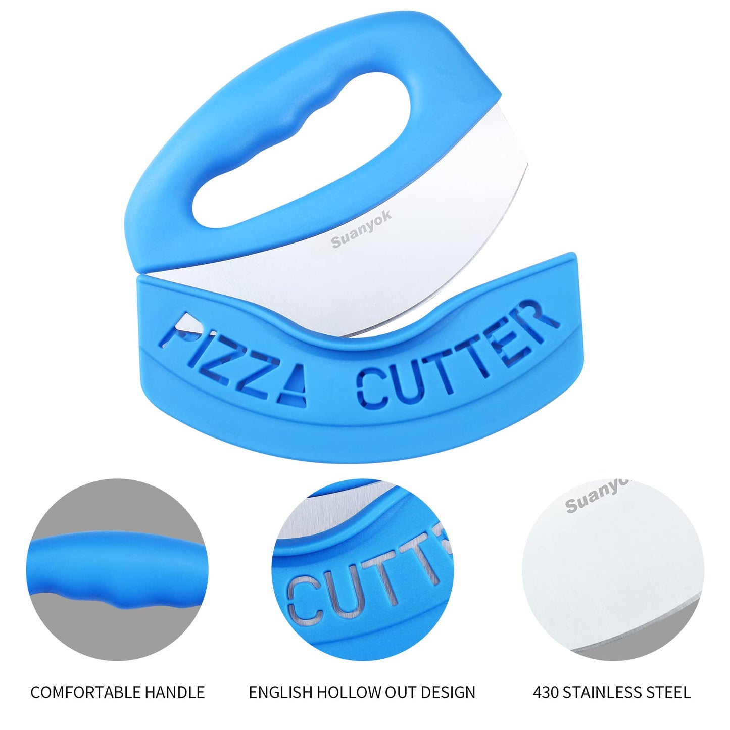 Suanyok Premium Pizza Cutter Food Chopper-Super Sharp Blade Stainless Steel Pizza Cutter Rocker Slicer with Protective Sheath Multi Function Pizza Knife Kitchen Tools,Dishwasher Safe (Blue)