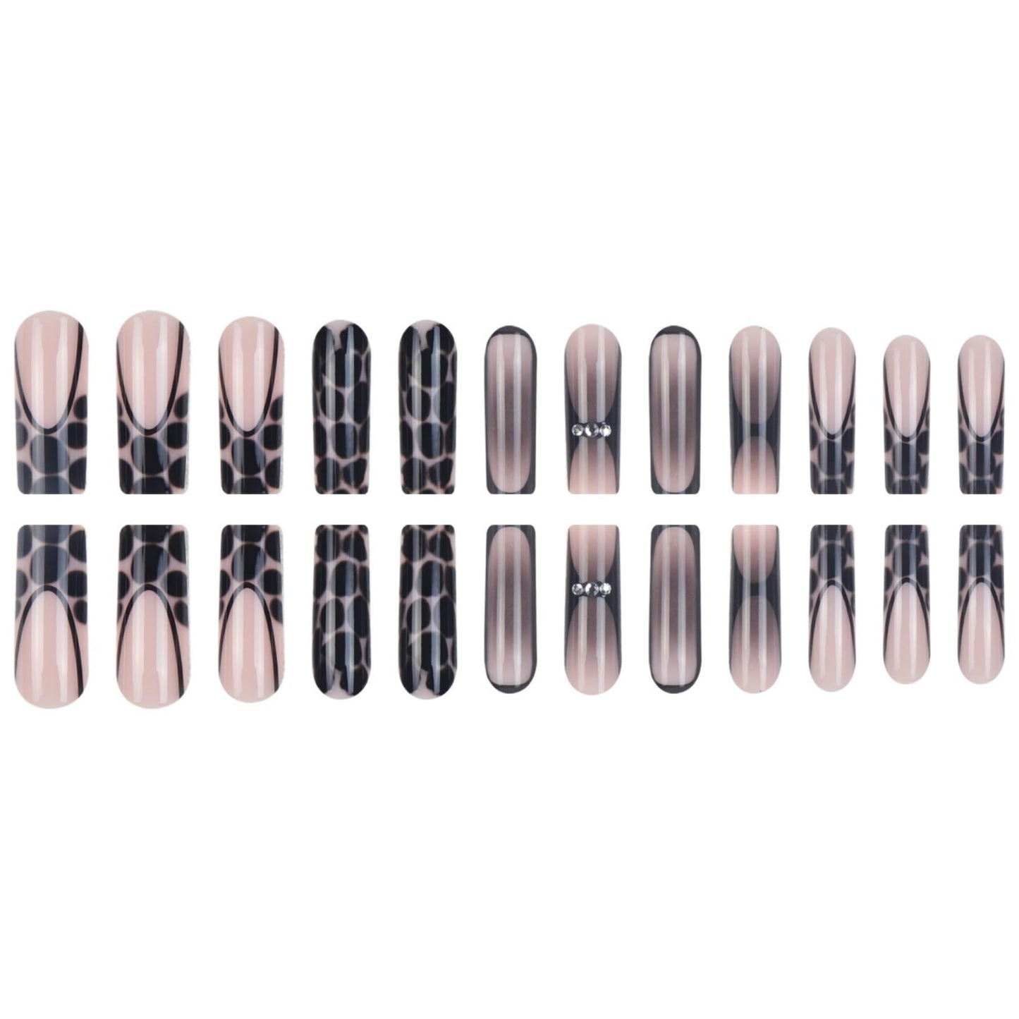 Long Press on Nails Square Fake Nails Black Artificial Nail French Tip Leopard Stick on Nail for Women 24pcs