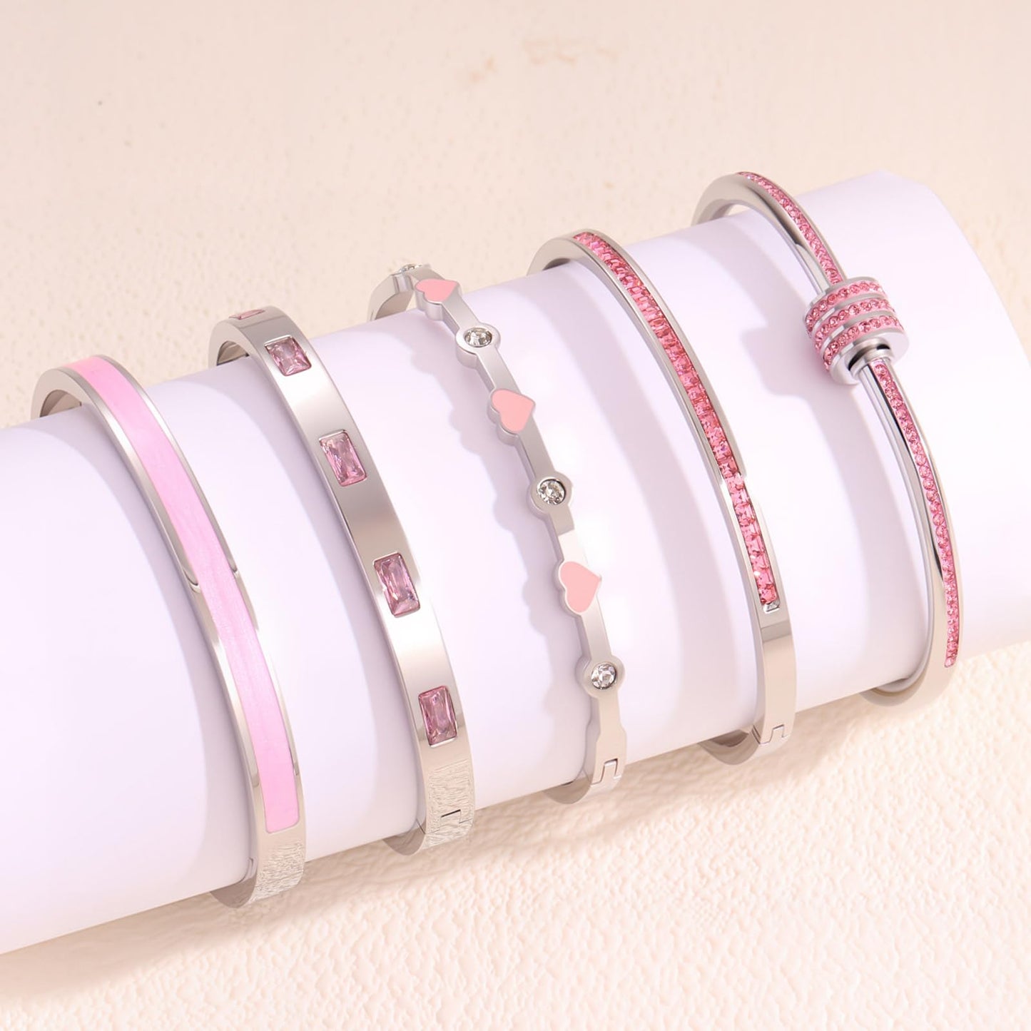 Camhanno 5-Piece Stackable Silver Bangle Bracelet Set for Women - Stainless Steel with Pink Crystal Friendship & Love Heart Bracelet Jewelry Gift for Her (Silver+Pink)