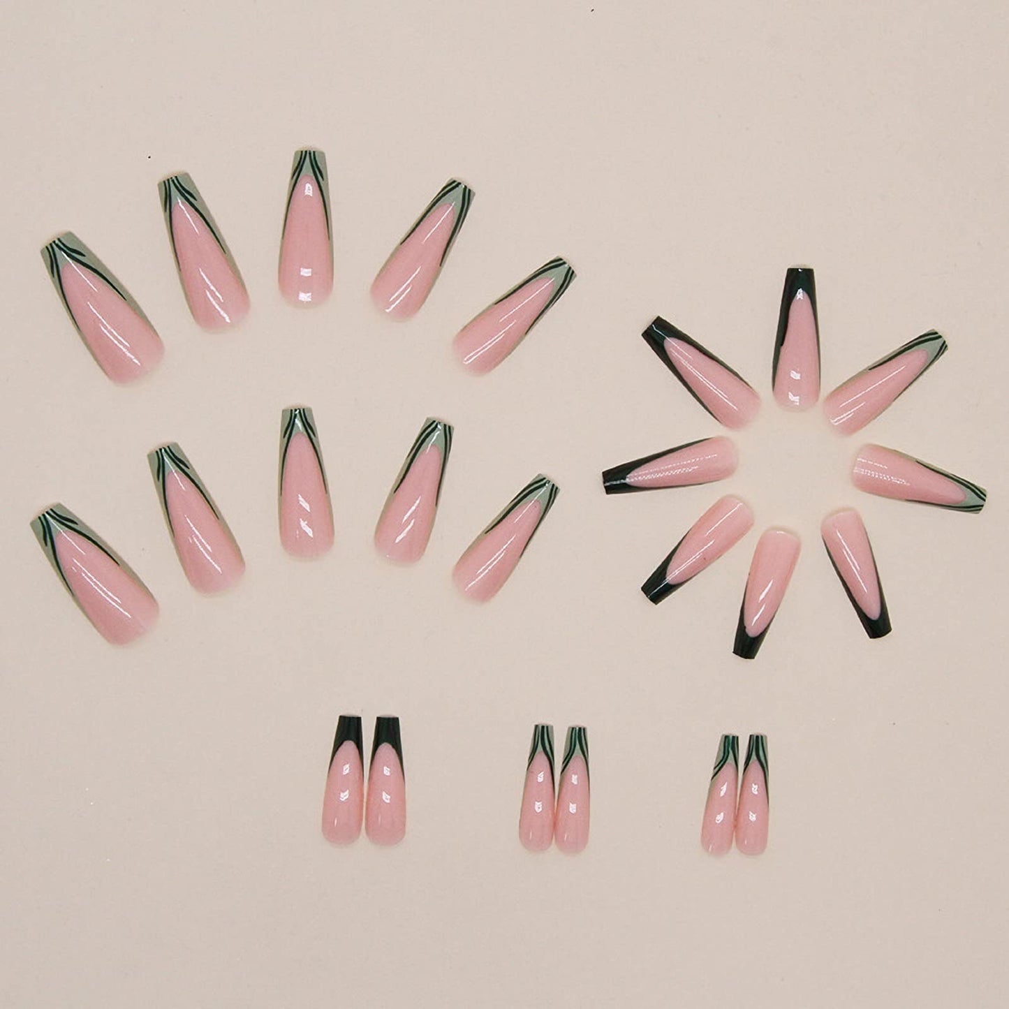 MISUD Press on Nails - Long Coffin Glue on Nails, Acrylic Dark Green French Tip Design 24 pcs