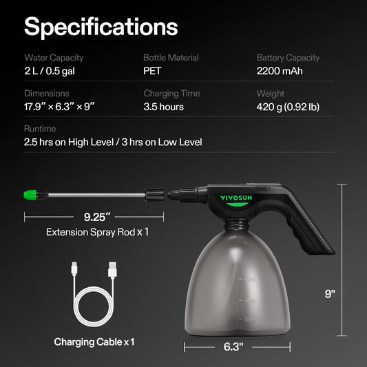VIVOSUN Battery Powered Sprayer 0.5Gallon, Electric Spray Bottle USB Rechargeable, Automatic Water Pump Plant Mister with Adjustable Pressure, Easy to Refill, 2.2 Ah Battery