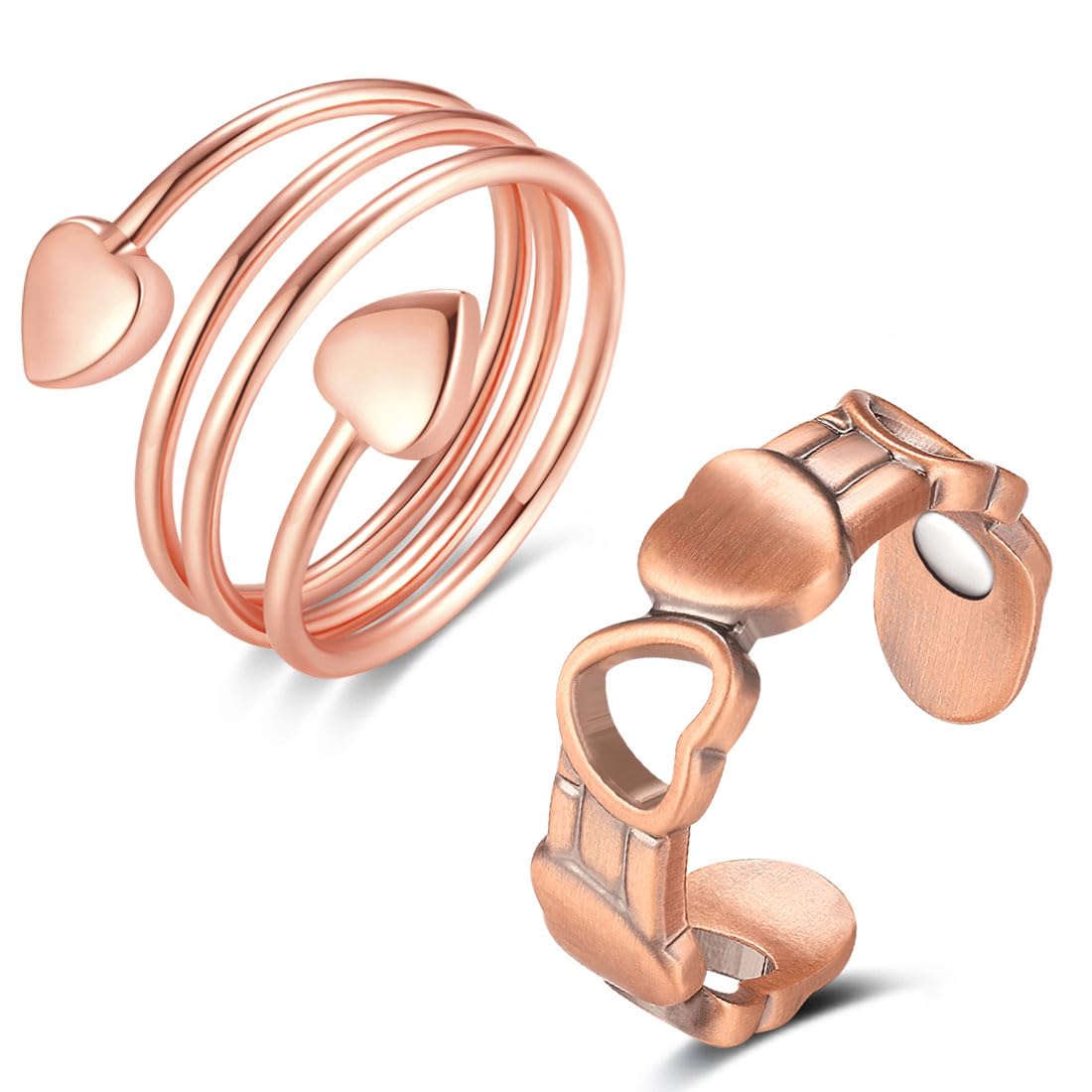 Cigmag 2PCS Copper Rings for Women, with Powerful Magnets, Adjustable Solid Pure Copper (Rose Gold Heart & Love)