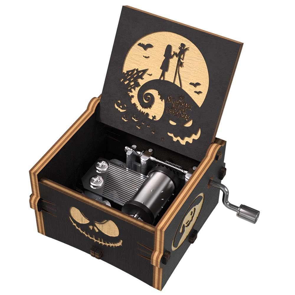 Ucuber Before Christmas Music Box, Engraved Mini Wood Music Box Gift, Melody This is Halloween, Home Decor for Halloween Valentines Christmas Boys and Girls