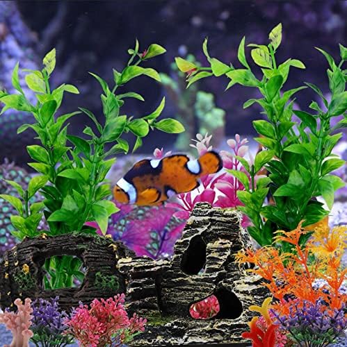 PietyPet Fish Tank Decorations Plants with Resin Broken Barrel and Cave Rock View, 15pcs Aquarium Decorations Plants Plastic,Fish Tank Accessories, Fish Cave and Hideout Ornaments, Aquarium Decor