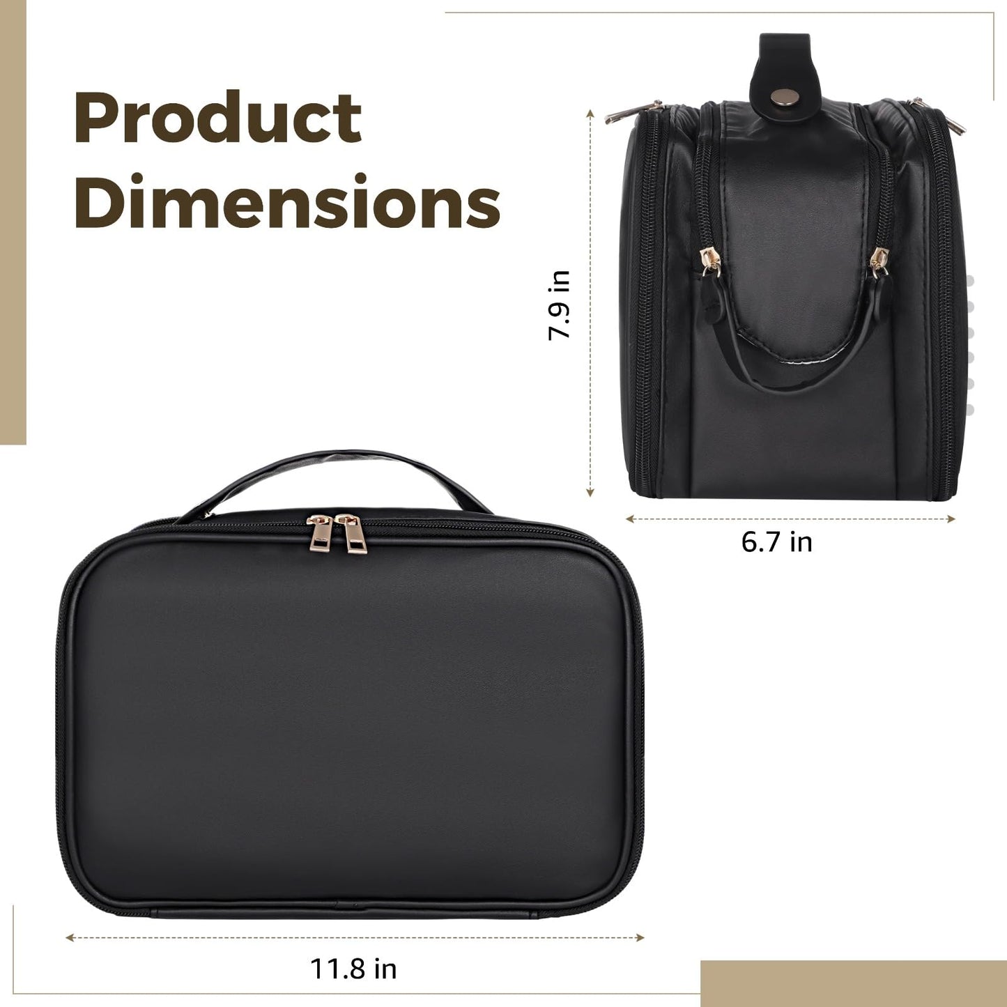 DORMIYA Black Travel Makeup Bag for Women - Large Capacity Cosmetic Organizer, Multi-Layer Toiletry Bag with Handle, Waterproof PU Leather Portable Makeup Zippered Case with Standing Brush Holder