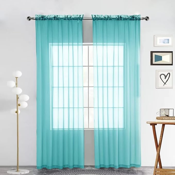 SpaceDresser Sheer Voile Window Treatment. Rod Pocket Curtain Panels for Kitchen Bedroom Living Room Drapes Sunlight Filtering Privacy Semi Home Decor Assorted Colors Sizes (Turquoise, 52 W x 45 L)