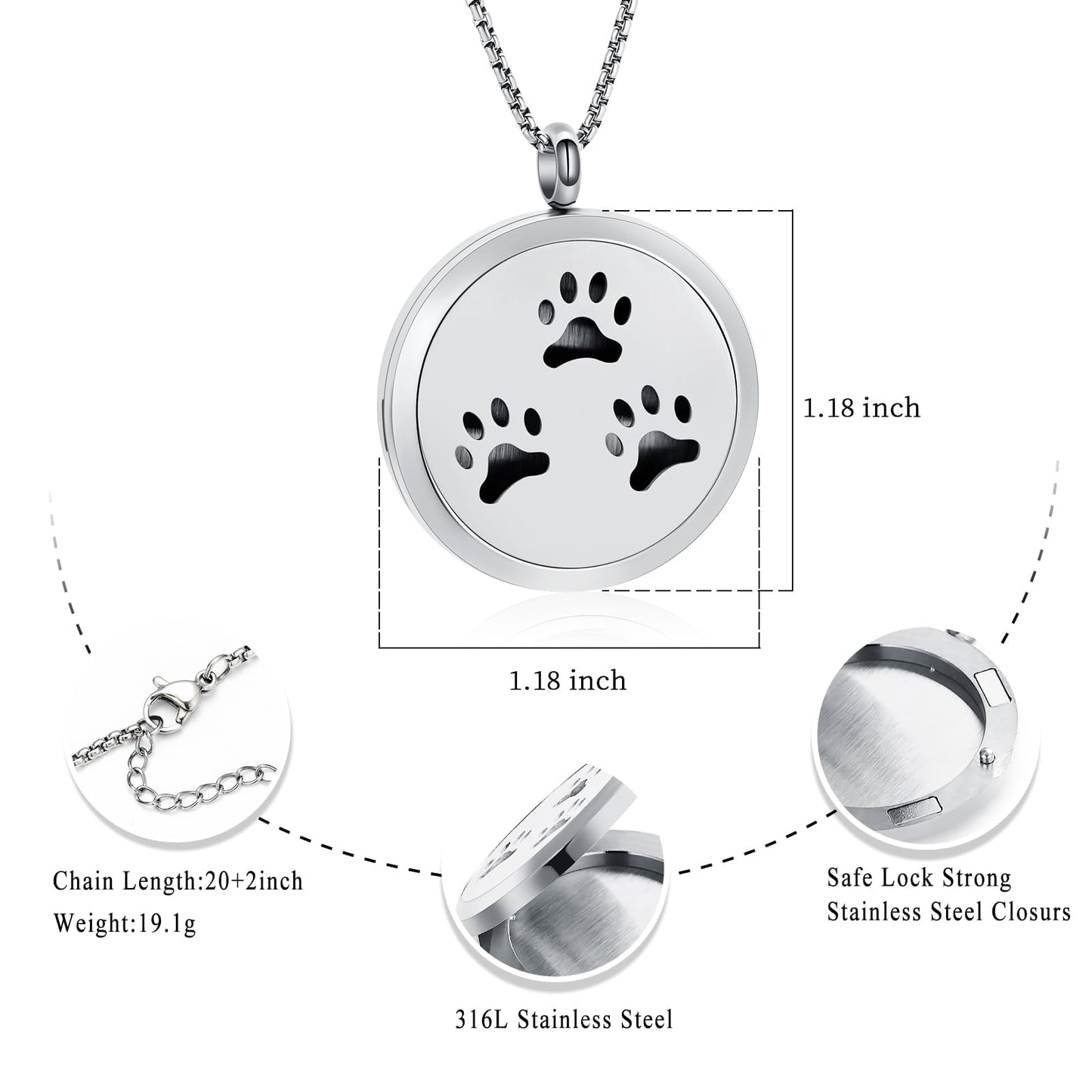 Minicremation Stainless Steel Paw Print Round Perfume Essential Oil Diffuser Pendant Necklace Women Aromatherapy Essential Oil Diffuser Locket Pendant Necklace, with Refill Pads
