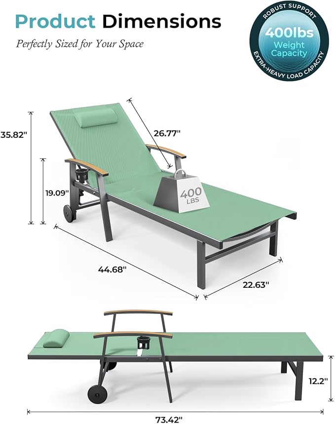 Ciokea Outdoor Lounge Chair with Pillow Set of 4, 5-Position Chaise Lounge with Wheels & Armrests, 400 lbs Heavy Duty Aluminum Pool Lounge Chairs, for Beach, Deck, Poolside & Backyard, Light Green