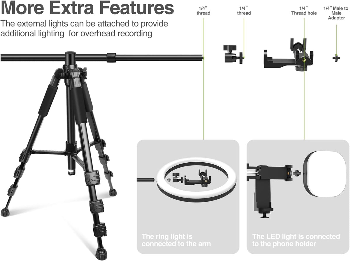 Elitehood Ultra-Stable Overhead Tripod for iPhone – Heavy Duty Aluminum iPhone Tripod Stand, 360°Adjustable & 25in Horizontal Long Phone Arm, Tall Phone Holder Stand Mount for Recording