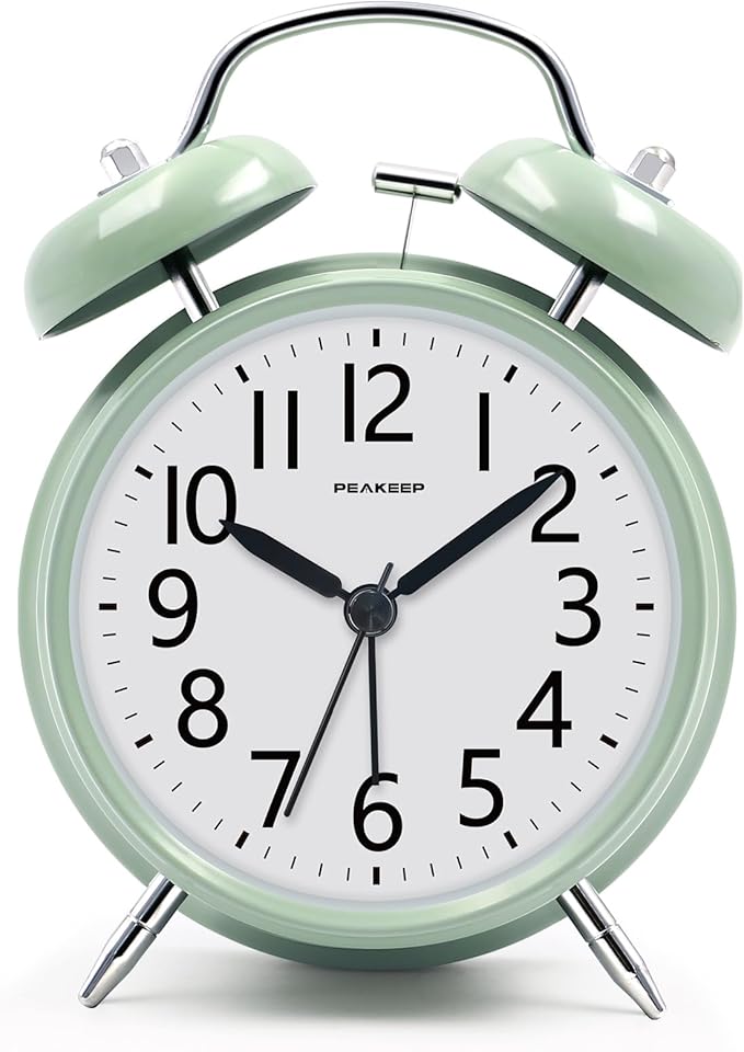 Peakeep Loud Battery Alarm Clock for Heavy Sleepers Adults Kids | Analog 4.5" Twin Bell Old School Fashioned Style for Bedrooms Living Kids?€? Room Decor (Avocado Green)
