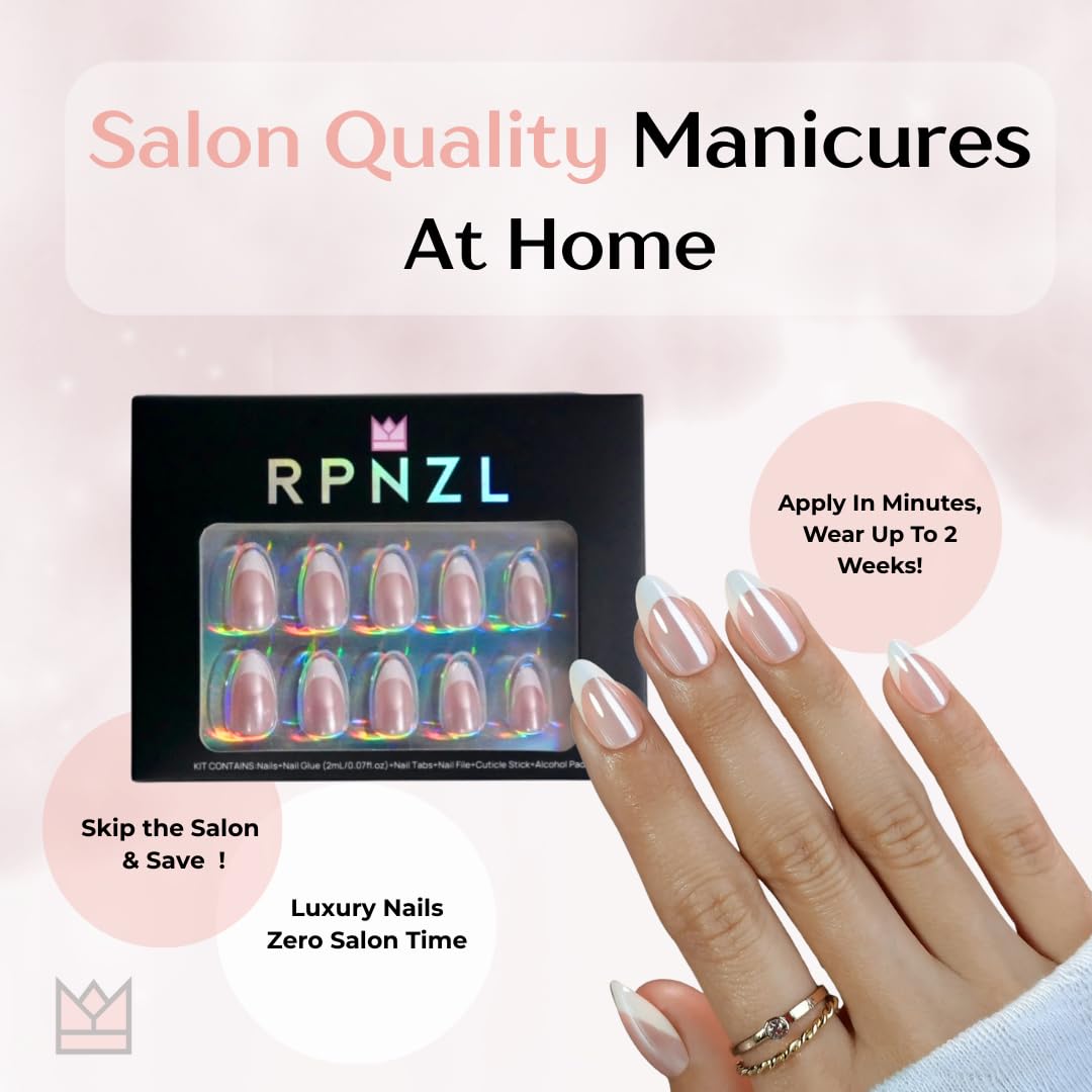 French Tip Press on Nails – French Toast | Medium Almond Shape with Glossy Glazed Finish | Salon Quality Fake Nails, 32 Nails(16 Sizes) Kit with Glue & Adhesive Tabs