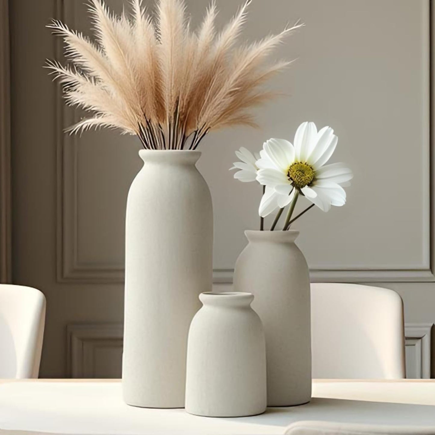 Ceramic Vase Set-3, Small Flower Vases for Decor, Modern Boho Farmhouse Style, Decorative Vases for Pampas Grass & Dried Flowers, Distressed Finish (Beige)
