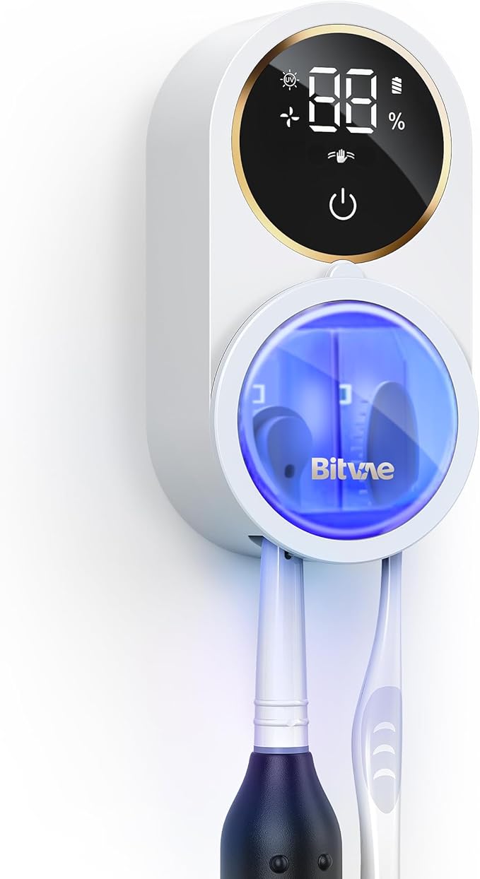 Bitvae Upgraded Tooth Brush Holder for Bathroom 2.0, Infrared Sensing Toothbrush Cleaner, Wall-Mounted for Any Size Toothbrushes, Air Drying, LED Smart Screen, White Gold Trim