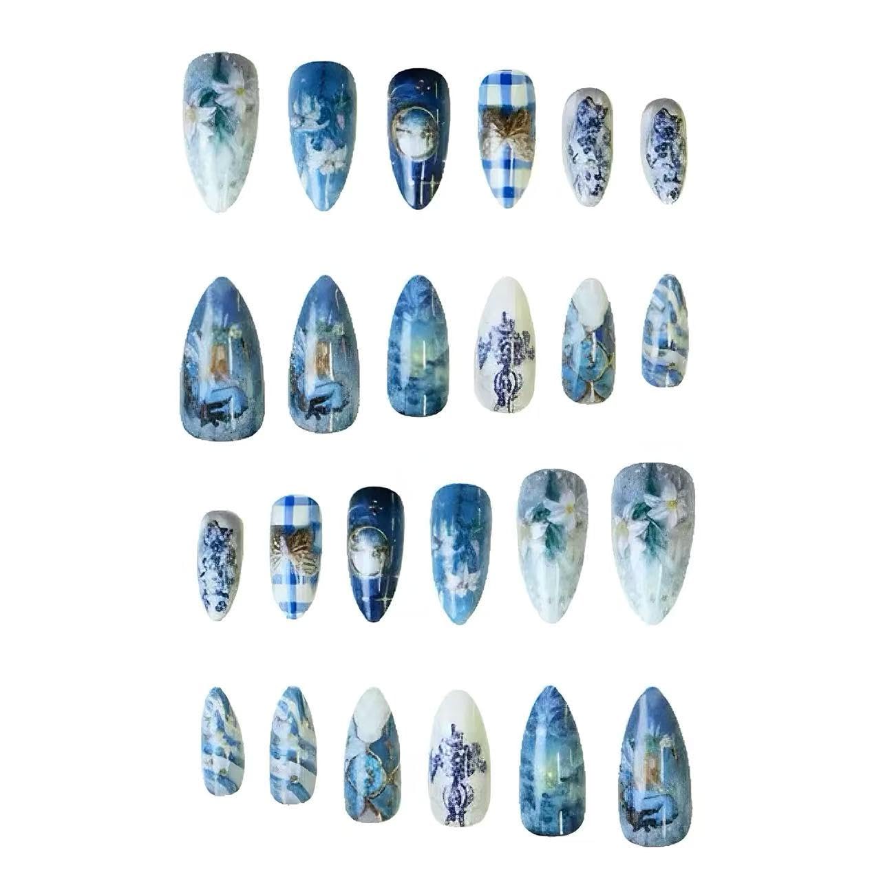 C.Z.Z.T.T.NAILS Fine Nailart Press On Nails, 24 Pieces Almond Shaped, Blue Fantasy Floral Design with Moon and Stars Pattern, Reusable Artificial Nail Tips