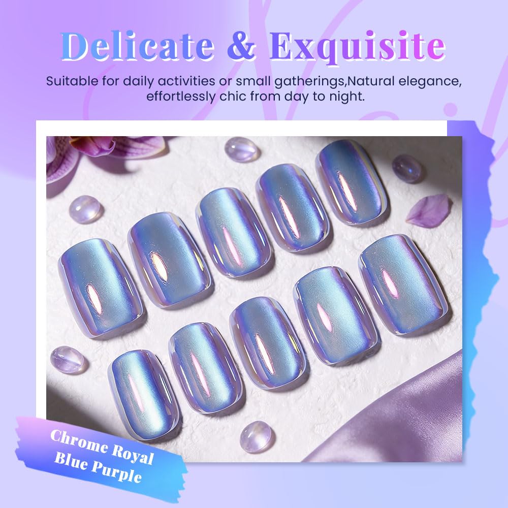 evpct Periwinkle Blue Cat Eye Chrome Press on Nails Short Square No Glue with Aurora Design, Purple Holographic Short Square Stick on Nails for Women, Glossy Cateye Effect, Perfectly Fit Salon-quality