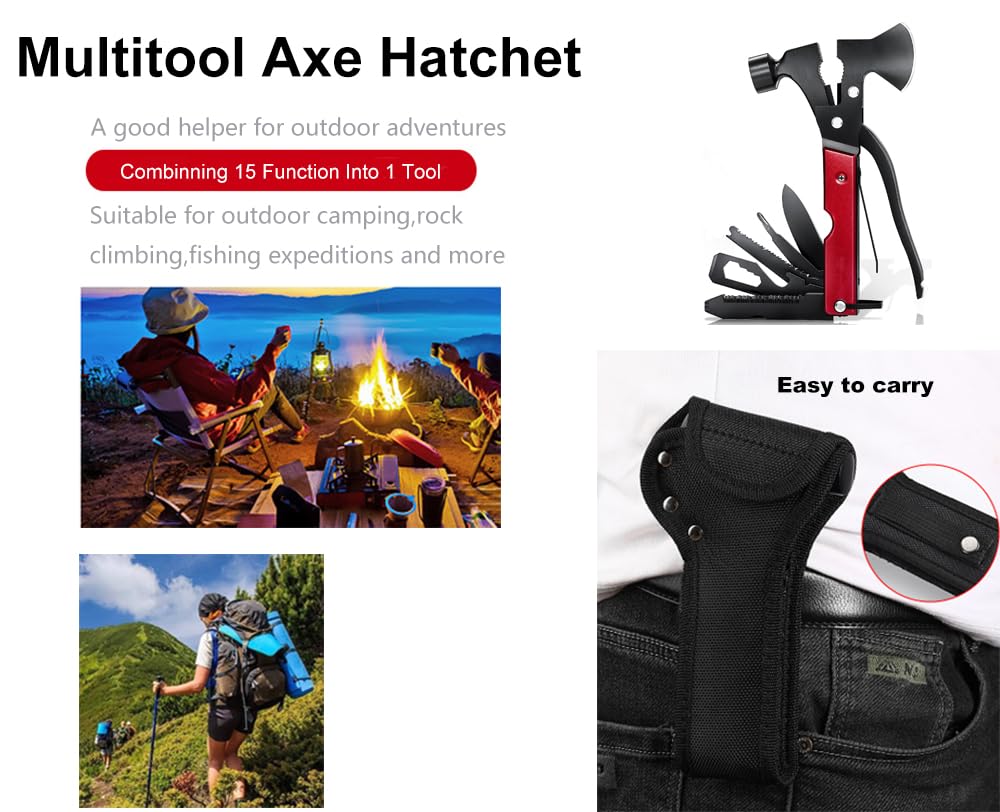 15 in 1Camping Multitool Axe Hatchet,Camping Gear Accessories Multitool,Cool Gadgets Must Haves for Men,Camping Tool with Axe,Hammer,Plier,Knife,Bottle Opener,Valentine's Gifts for Men, Women