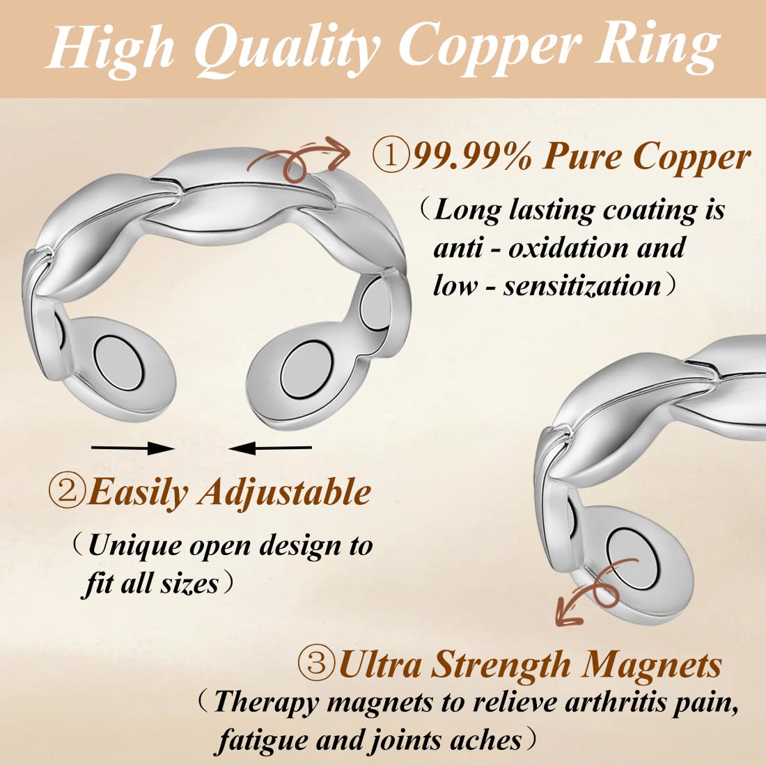Cigmag 2PCS Copper Rings for Women Adjustable Solid Pure Copper Ring with Present Box