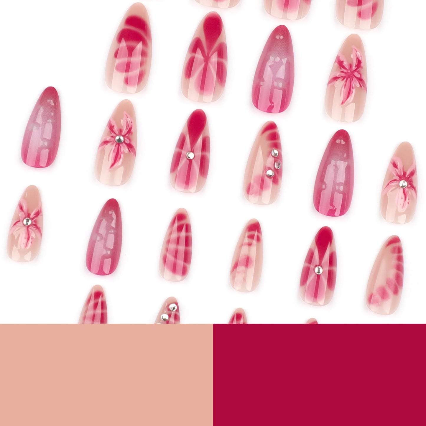 Press on Nails Medium Almond Fake Nails Ombre Red with 3D Flower Design Glossy Full Cover Stcik on False Nails for Women Manicure 24Pcs