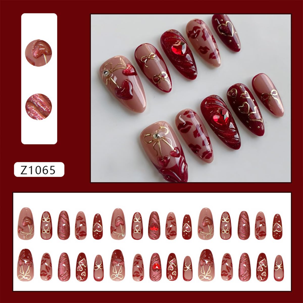 30Pcs Red Heart Press on Nails Medium Almond Fake Nails Gold Bow with Pearl Design Red Lips False Nails Romantic Artificial Nails Full Cover Glue on Nails Handmade Stick on Nails for Women DIY Kit