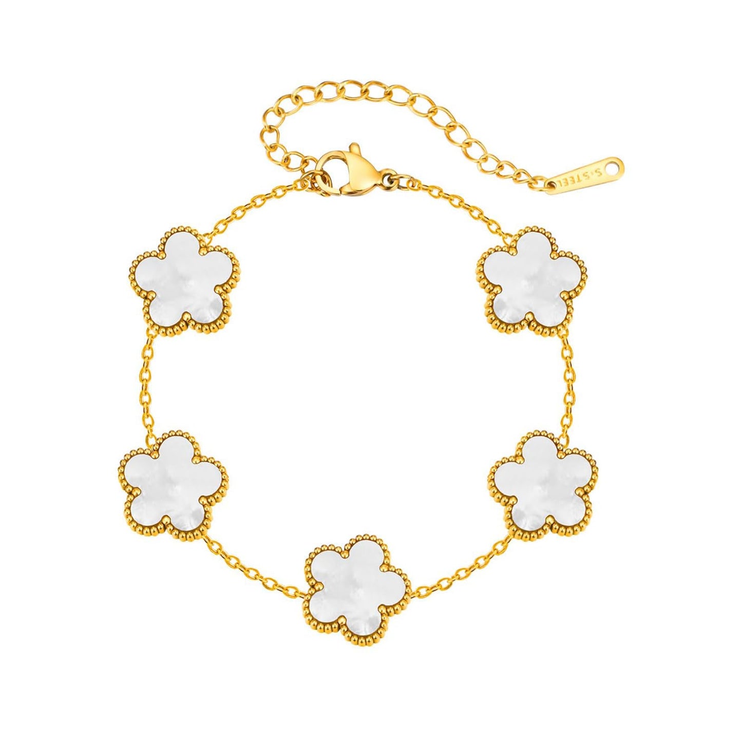 Eclatienne Four Leaf Clover Bracelet for Women – 18K Gold Plated Stainless Steel Lucky Bracelet, Adjustable 4 Leaf Charm Jewelry Gift (White)