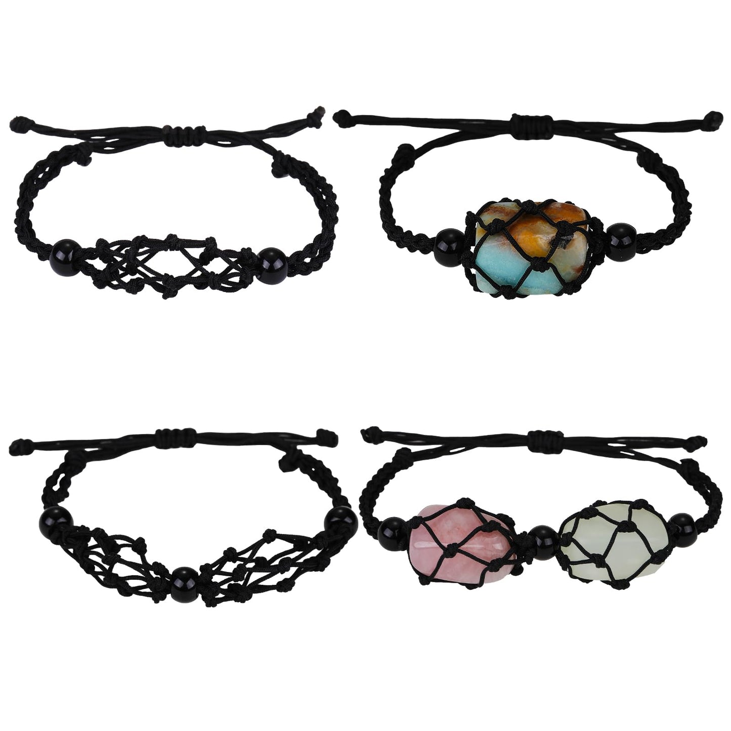 WEWAYSMILE 2 Pcs Empty Crystal Bracelet Holder Adjustable Stone Cage Cord Nylon Braided Netted Holder Crystal Bracelets Cord for DIY Bracelet Making(Black)