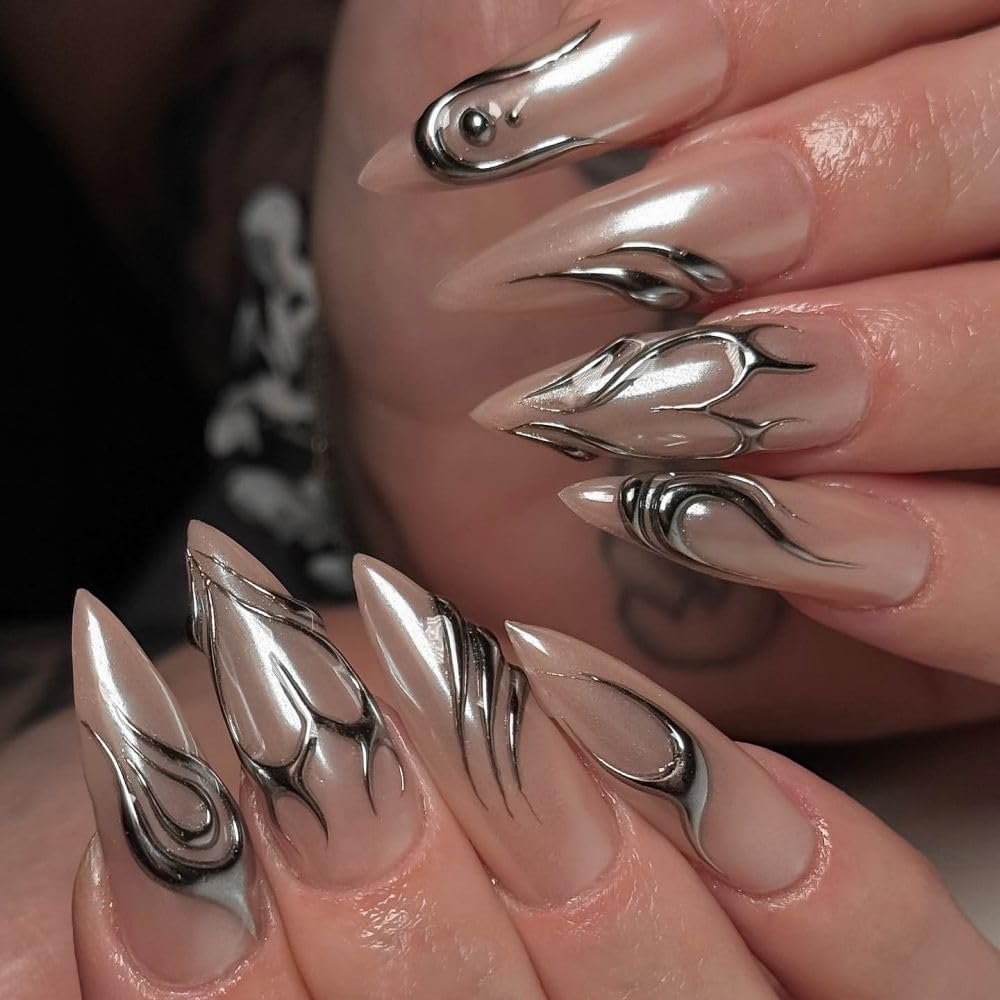 QQPPOLIU Colorful Press on Nails Long Fake Nails Stiletto False Nails with Design Glue on Nails for Women and Girls 24Pcs