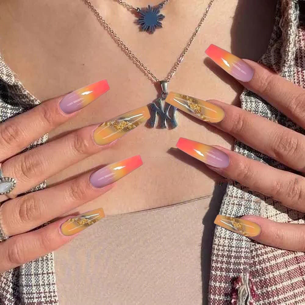 IMSOHOT Long Press on Nails Coffin French Tip Fake Nails Yellow Orange Gradient False Nails with Gold Foil Designs Clear Glossy Glue on Nails